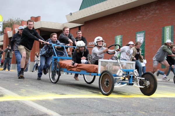 !Students race a bed down Park Street